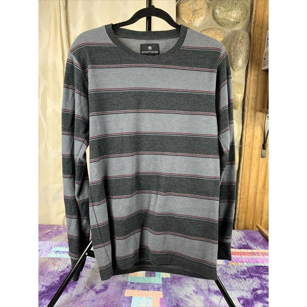 SHOUTHOUSE Mens Medium Waffle Knit Striped Long Sleeve Pullover Shirt